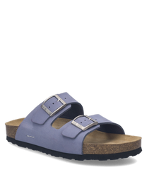 Sandalo viola con fibbia doppia. Realizzato in materiale resistente con soletta in sughero e suola nera.