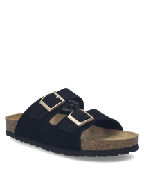 Zwarte suède sandaal met twee verstelbare gespen. De sandaal heeft een kurken zool voor extra comfort en ondersteuning.