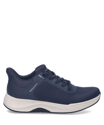 Dunkelblauer Sneaker aus Mesh mit weißer Sohle. Easy On Verschluss für einfaches Anziehen. Ideal für sportliche Aktivitäten.
