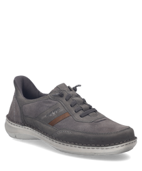 Grauer Halbschuh aus Leder mit Easy On Verschluss. Der Schuh hat braune Details und eine helle Sohle für hohen Tragekomfort.