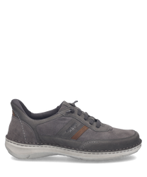 Grauer Halbschuh aus Leder mit Easy On Verschluss. Der Schuh hat braune Details und eine helle Sohle für hohen Tragekomfort.