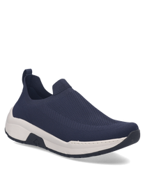 Dunkelblauer Sneaker aus atmungsaktivem Mesh mit weißer Sohle. Der Gummizug sorgt für leichtes An- und Ausziehen des Schuhs.