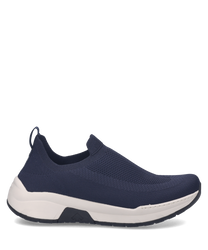 Dunkelblauer Sneaker aus atmungsaktivem Mesh mit weißer Sohle. Der Gummizug sorgt für leichtes An- und Ausziehen des Schuhs.