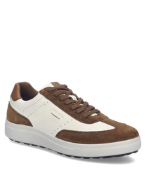 A sneaker with brown suede and white leather material. It features lacing as the main closure and a sleek design suitable for casual wear.
