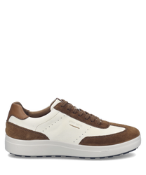 A sneaker with brown suede and white leather material. It features lacing as the main closure and a sleek design suitable for casual wear.