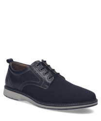 Eleganter Halbschuh in dunkelblauem Leder mit perforierten Details und Schnürung. Die Sohle ist kontrastreich in Grau gehalten und bietet zusätzlichen Halt.