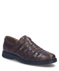 Brown low-cut shoe with Velcro closure made of leather. Features dark blue heel accents and a beige sole for a stylish look.