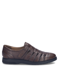 Brown low-cut shoe with Velcro closure made of leather. Features dark blue heel accents and a beige sole for a stylish look.
