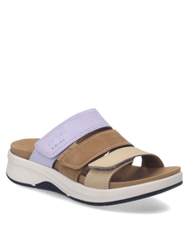 Dreifarbige Sandale mit Klettverschluss in Lila Braun und Beige. Weiche Sohle für optimalen Tragekomfort.