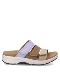 Dreifarbige Sandale mit Klettverschluss in Lila Braun und Beige. Weiche Sohle für optimalen Tragekomfort.