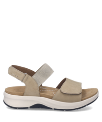 Sandalo beige con chiusura in velcro Realizzato in pelle con suola bianca e dettagli neri Il design semplice e la chiusura regolabile garantiscono comfort e praticità Ideale per l'uso quotidiano