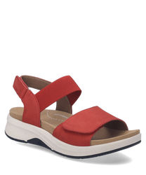 Sandalo rosso con chiusura in velcro realizzato in materiale sintetico L'interno è beige con una suola bianca e nera per un comfort ottimale