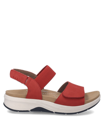 Sandalo rosso con chiusura in velcro realizzato in materiale sintetico L'interno è beige con una suola bianca e nera per un comfort ottimale