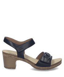 Sandales en cuir noir avec fermeture Velcro. Talon moyen et semelle intérieure beige confortable.