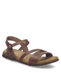 Braune Sandale aus Leder mit Schnallenverschluss. Die Sohle ist flach und aus Gummi gefertigt ideal für den Sommer.