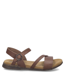 Braune Sandale aus Leder mit Schnallenverschluss. Die Sohle ist flach und aus Gummi gefertigt ideal für den Sommer.