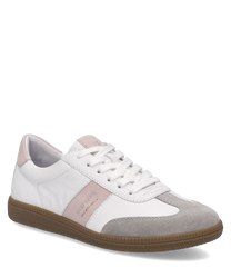 Moderner Sneaker aus weißem Leder mit Schnürung. Akzente in Grau und Rosa sowie eine braune Gummisohle verleihen dem Schuh einen stilvollen Look.