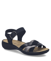 Sandales en cuir noir avec fermeture Velcro. Semelle intérieure beige et semelle extérieure noire offrant confort et élégance.