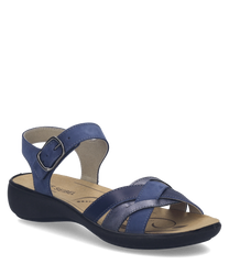 Sandalias de cuero azul con cierre de velcro. Suela negra antideslizante y diseño ergonómico para mayor comodidad.