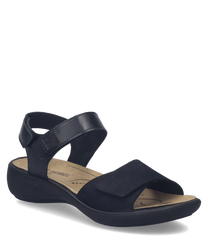 Sandalias negras de cuero con cierre de velcro. Diseño elegante y cómodo ideal para uso diario.