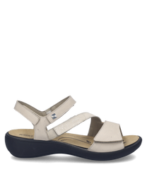 Sandales en cuir beige avec fermeture Velcro. Semelle noire pour un confort optimal.