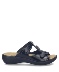 Sandales en cuir noir avec fermeture Velcro. Semelle intérieure confortable et semelle extérieure en caoutchouc pour une adhérence optimale.