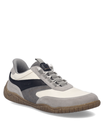 Moderner Sneaker aus Leder in Beige und Schwarz. Easy On Verschluss für schnelles Anziehen mit robustem Sohlenprofil.