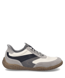 Moderner Sneaker aus Leder in Beige und Schwarz. Easy On Verschluss für schnelles Anziehen mit robustem Sohlenprofil.