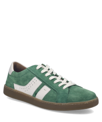 Grüner Sneaker aus Wildleder mit weißer Schnürung. Besondere Merkmale sind die weißen Akzente an der Seite und der Ferse.