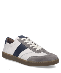 Moderner Sneaker aus Leder in Weiß mit grauen und marineblauen Akzenten. Ausgestattet mit Schnürung und einer strapazierfähigen Gummisohle für optimalen Komfort.