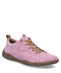 Ein rosa Halbschuh aus Leder mit brauner Schnürung und einer flexiblen Gummisohle. Der Schuh hat akzentuierte Nähte und einen verstärkten Fersenbereich für zusätzlichen Halt.