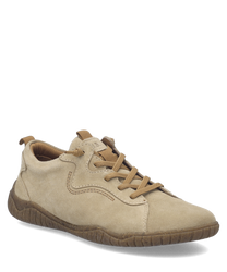 Zapato bajo de ante beige con cordones marrones. Suela de goma resistente y diseño minimalista ideal para uso diario.