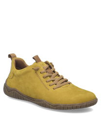Deze lage schoen heeft een vetersluiting en is gemaakt van geel materiaal met een opvallende kurkzool. Het ontwerp is eenvoudig en stijlvol ideaal voor dagelijks gebruik.