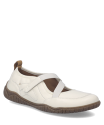 Witte leren ballerina met klittenbandsluiting en bruine rubberen zool. Elegant design met subtiele stiksels en comfortabele pasvorm ideaal voor dagelijks gebruik.