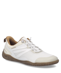Zapato deportivo tipo snaker de color blanco con detalles en beige. Fabricado con material de malla y cierre de cordones para un ajuste cómodo.