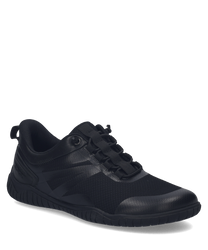 Schwarzer Sneaker aus atmungsaktivem Mesh und glattem Leder mit Schnürung. Der Schuh hat ein sportliches Design mit akzentuierenden weißen Streifen an den Seiten.