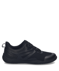 Schwarzer Sneaker aus atmungsaktivem Mesh und glattem Leder mit Schnürung. Der Schuh hat ein sportliches Design mit akzentuierenden weißen Streifen an den Seiten.