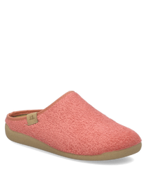 Roter Hausschuh ohne Verschluss aus weichem Stoff mit flacher Sohle. Der Schuh hat ein schlichtes Design und ein kleines braunes Label mit J.S. Schriftzug seitlich.