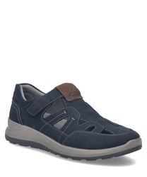 Chaussures basses en cuir bleu avec fermeture Velcro. Semelle grise robuste et design aéré avec des découpes pour une meilleure respirabilité.