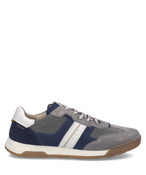 Moderner Sneaker aus grauem Textil und Veloursleder mit blauen und weißen Akzenten. Ausgestattet mit Schnürung für optimalen Halt und bequemer Gummisohle.