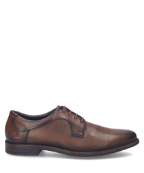 Brown leather low cut shoe with lacing. Sleek design featuring dark stitching and a subtle logo on the heel.