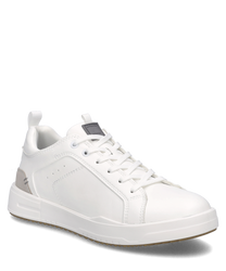 Weißer Sneaker aus Leder mit Schnürung. Dezente graue Details an der Ferse und sportliches Design.