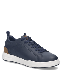 Dunkelblauer Sneaker aus Leder mit braunen Akzenten. Weiße Sohle und Schnürung sorgen für einen klassischen Look.