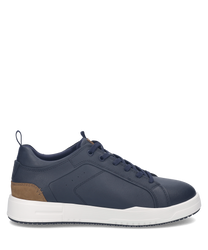 Dunkelblauer Sneaker aus Leder mit braunen Akzenten. Weiße Sohle und Schnürung sorgen für einen klassischen Look.