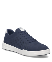 Dunkelblauer Sneaker aus glattem Leder mit weißer Gummisohle. Der Schuh hat eine Schnürung und seitliche Perforationen für Atmungsaktivität.