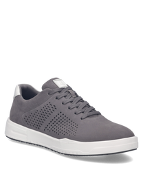 Grauer Sneaker aus Leder mit Schnürung und weißer Sohle. Perforierte Seiten für Atmungsaktivität und modernes Design.