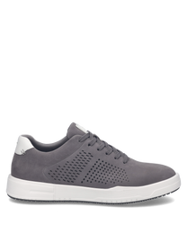 Grauer Sneaker aus Leder mit Schnürung und weißer Sohle. Perforierte Seiten für Atmungsaktivität und modernes Design.
