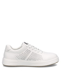Weißer Sneaker aus glattem Material mit Schnürung. Seitliche Perforationen für Atmungsaktivität.