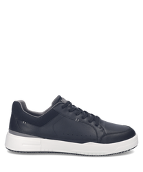 Schwarzer Sneaker aus Leder mit Schnürung. Weiße Gummisohle bietet Kontrast und Komfort.