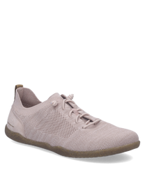 Rosa Sneaker aus Textil mit Schnürung. Der Schuh hat eine strukturierte Oberfläche und eine braune Sohle.